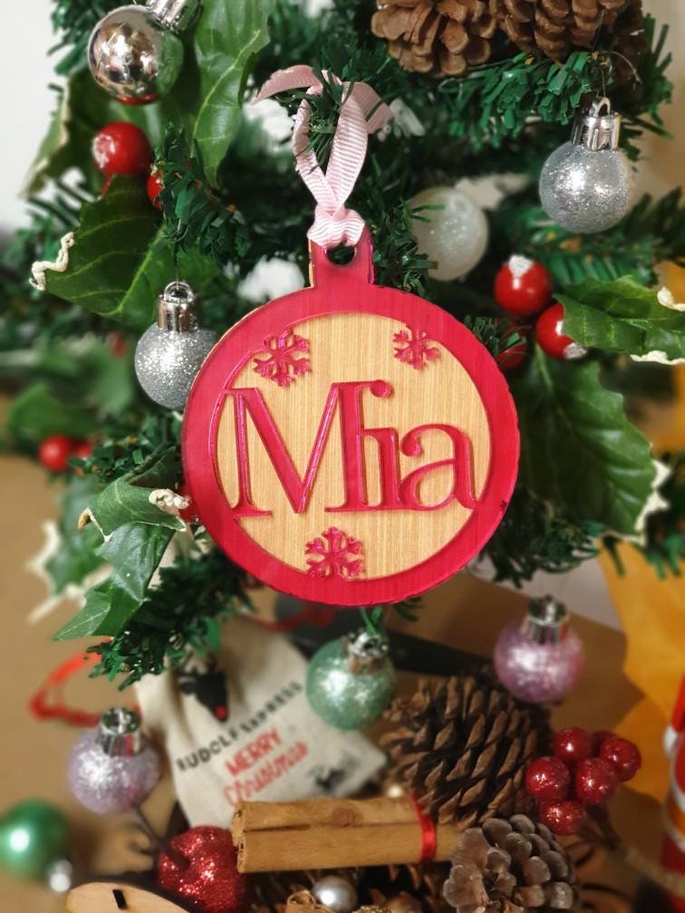 Acrylic and wood personalised Christmas bauble, hanging decoration. Any name! Choice of colour!