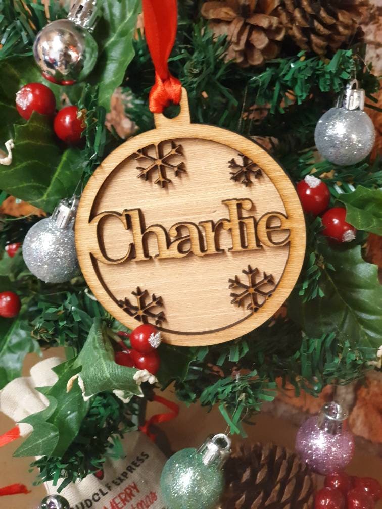 Acrylic and wood personalised Christmas bauble, hanging decoration. Any name! Choice of colour!