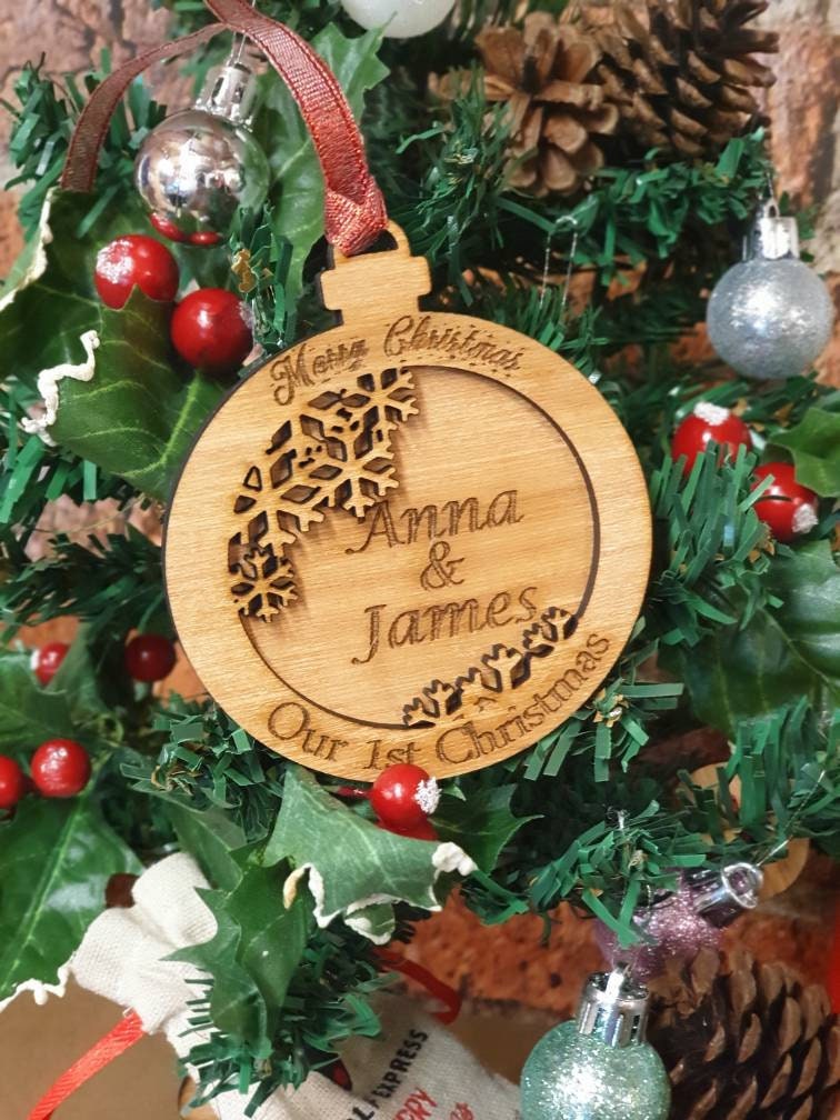 Personolised our first Christmas couples bauble! Made to order! Wood craft! 1st xmas. Lovely gift! Family! Together.