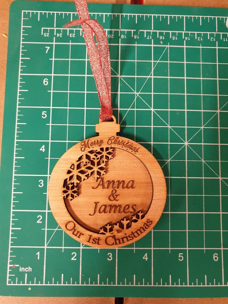 Personolised our first Christmas couples bauble! Made to order! Wood craft! 1st xmas. Lovely gift! Family! Together.