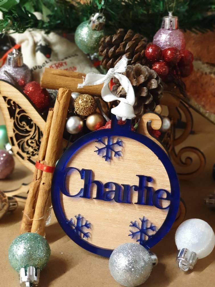 Acrylic and wood personalised Christmas bauble, hanging decoration. Any name! Choice of colour!