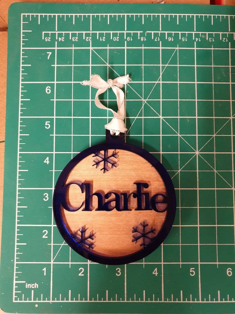 Acrylic and wood personalised Christmas bauble, hanging decoration. Any name! Choice of colour!