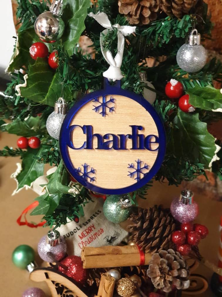 Acrylic and wood personalised Christmas bauble, hanging decoration. Any name! Choice of colour!