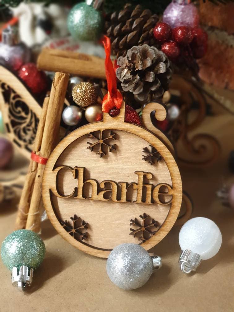 Acrylic and wood personalised Christmas bauble, hanging decoration. Any name! Choice of colour!