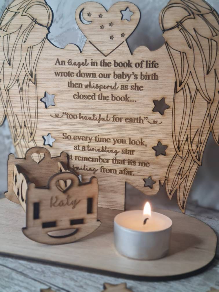 personalised baby memorial candle holder with poem. Stunning rememberance item. Display, memories, lost child, anniversary of death, birth.