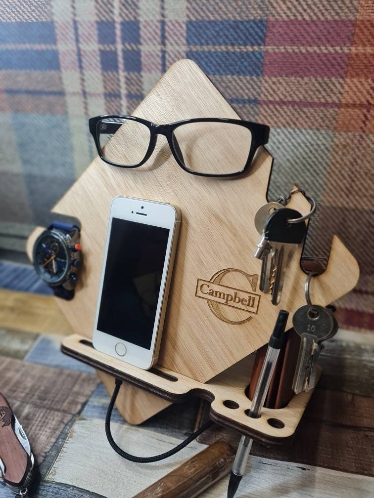 Personalised bedside clutter tidy, phone docking Station, holder, charger, glasses holder, wallet, keys, him, her