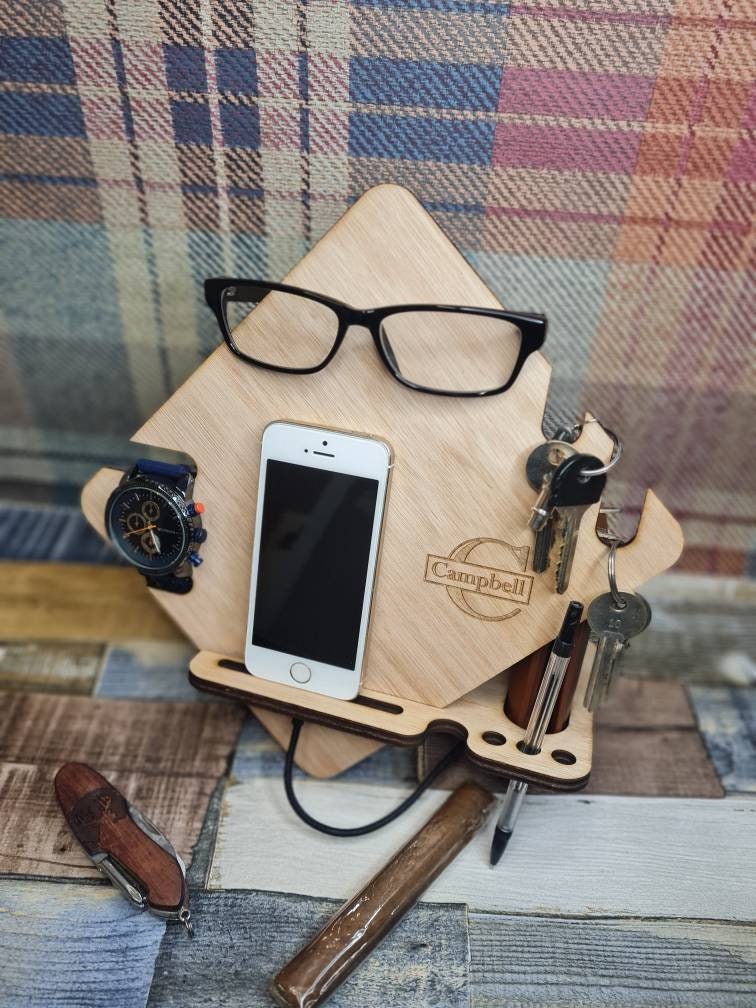 Personalised bedside clutter tidy, phone docking Station, holder, charger, glasses holder, wallet, keys, him, her
