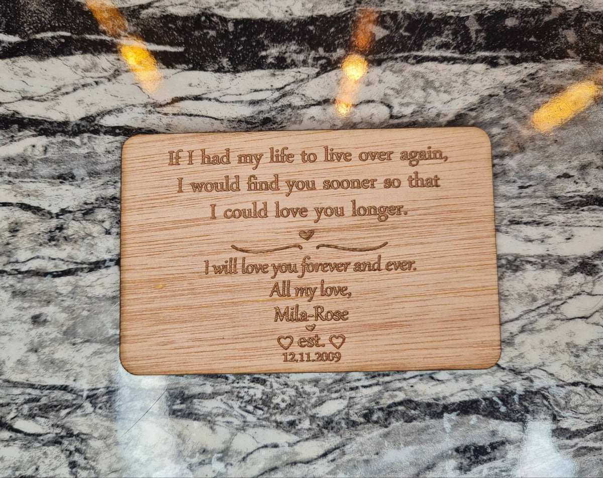 Personolised wallet purse card, great gift for any occasion, valentines day, birthday, anniversary, reminder