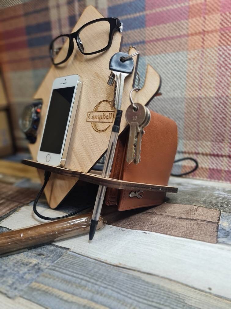 Personalised bedside clutter tidy, phone docking Station, holder, charger, glasses holder, wallet, keys, him, her