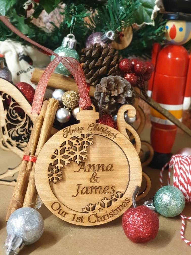 Personolised our first Christmas couples bauble! Made to order! Wood craft! 1st xmas. Lovely gift! Family! Together.