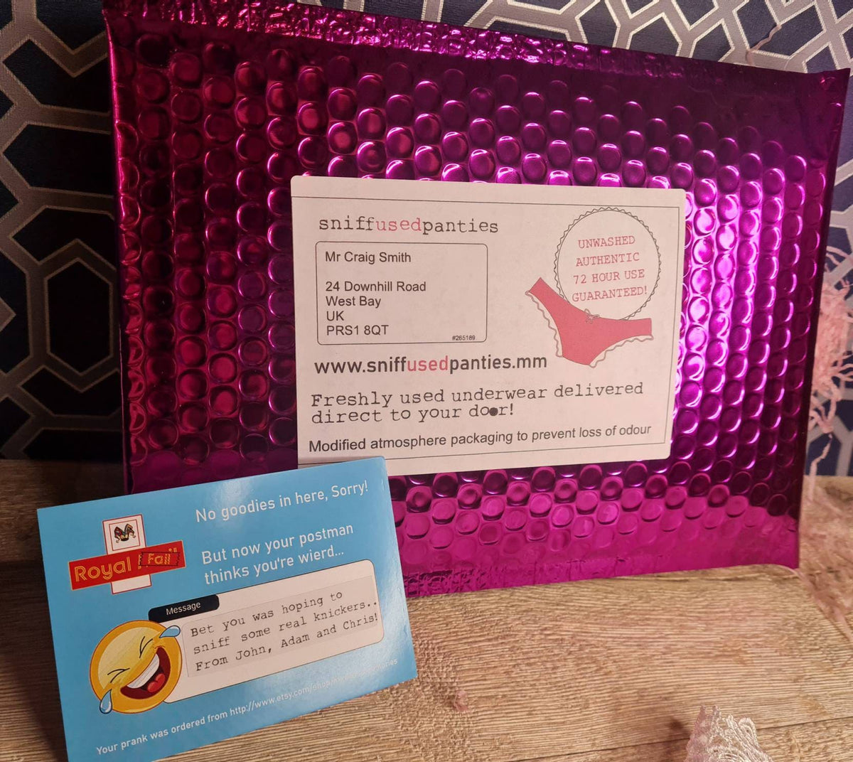 Pantie Sniff prank! Sent direct to victims door! Panty knicker smelling, embarrassing prank to send to friend, partner, family or colleague!