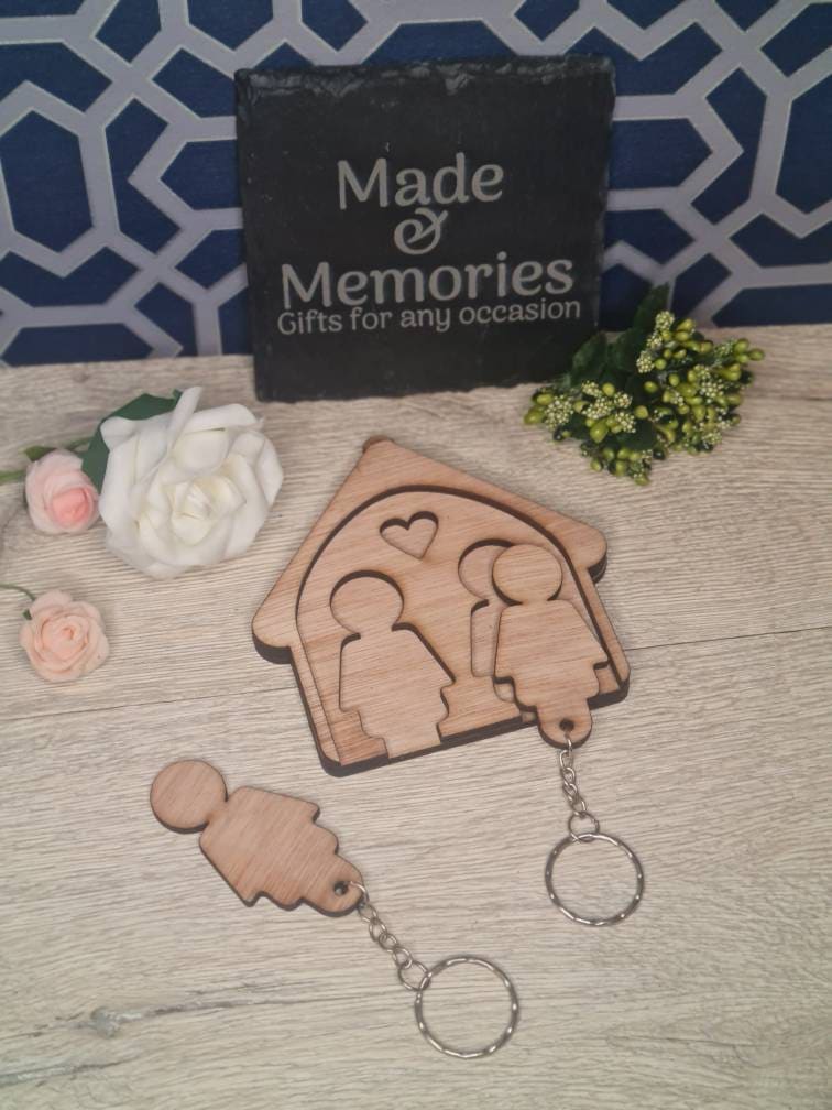 His and hers, hers and hers, his and his keyrings and key holder. First home, house warming, mr and mrs, wedding gift, new home, key hook.