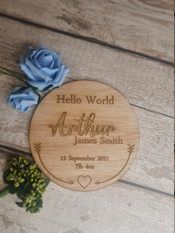 Personalised Hello World Birth Announcement Plaque - Baby Name Sign - Name Reveal - Newborn Gift - Photography Prop - New Baby - Flatlay