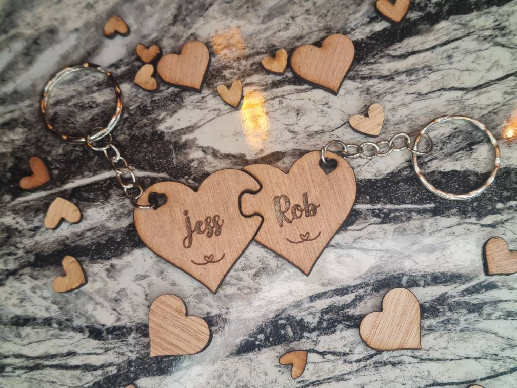 Personolised interlocking heart puzzle pieces x2 keychains, valentines, birthday, anniversary, wedding, friends, Christmas gift.