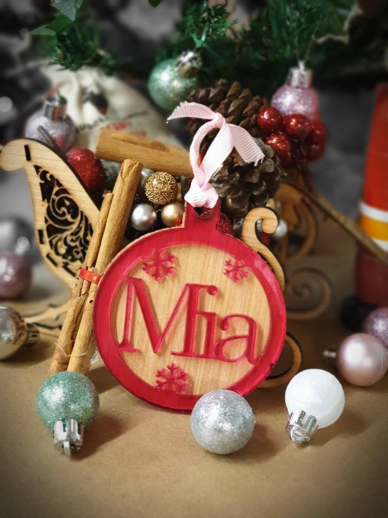 Acrylic and wood personalised Christmas bauble, hanging decoration. Any name! Choice of colour!