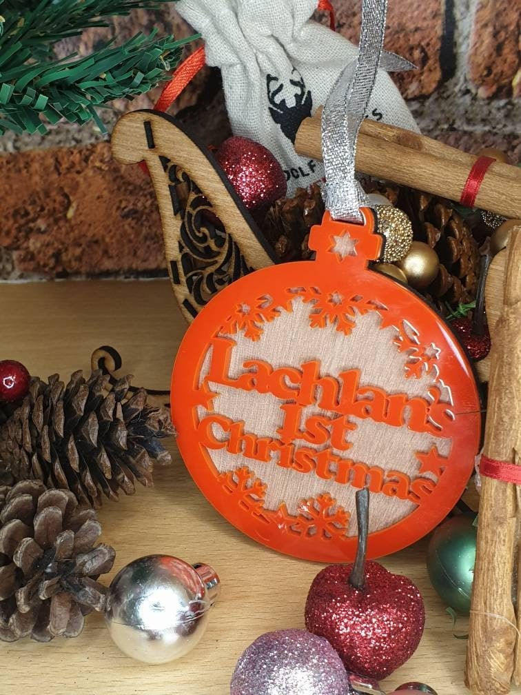 Babys 1st Christmas personolised bauble, acrylic or wood, made to order. Lovely Christmas gift!