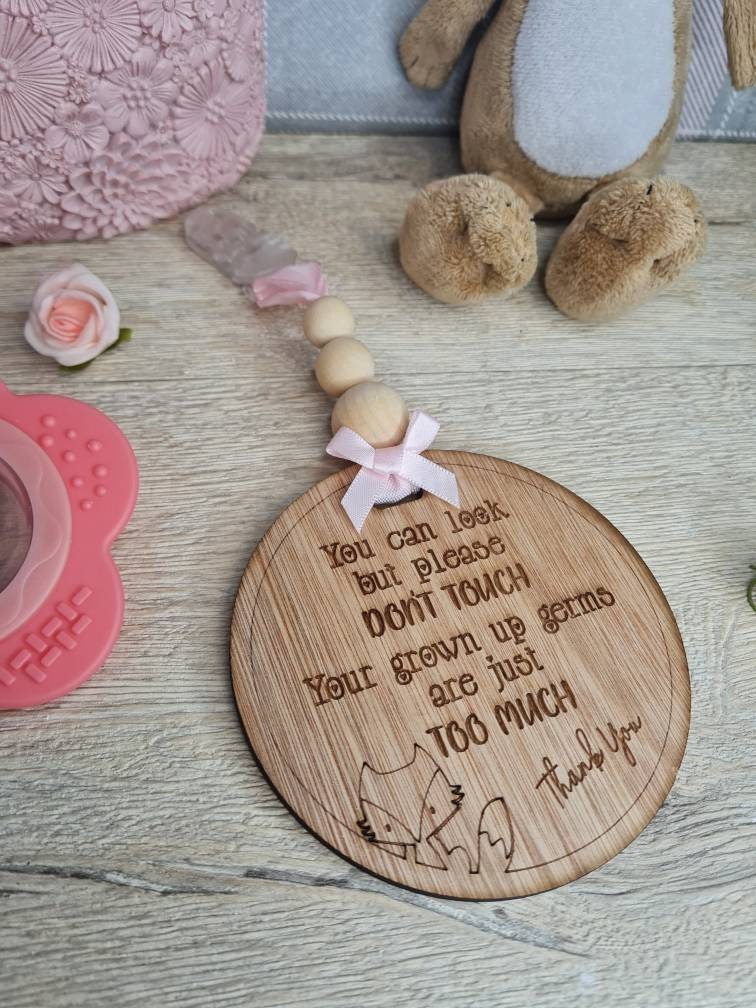 Baby pushchair sign - keep unwanted hands off your baby - pram - buggy - carrier - plaque - clips on - baby shower gift? present? new baby?