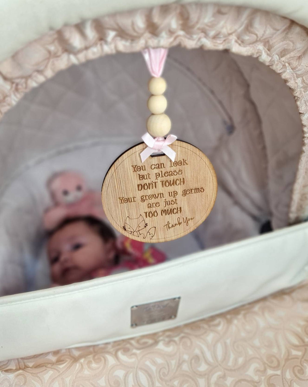 Baby pushchair sign - keep unwanted hands off your baby - pram - buggy - carrier - plaque - clips on - baby shower gift? present? new baby?