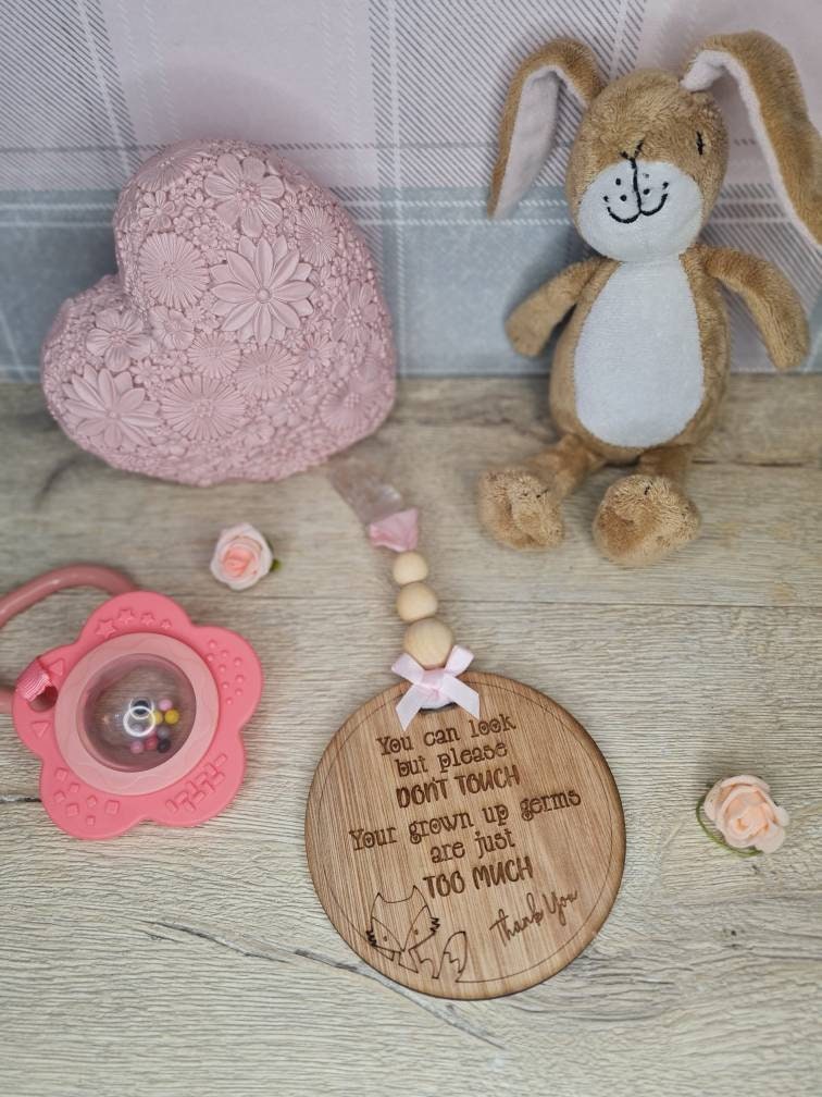 Baby pushchair sign - keep unwanted hands off your baby - pram - buggy - carrier - plaque - clips on - baby shower gift? present? new baby?