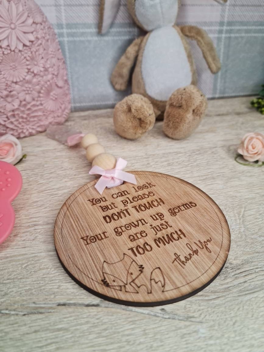Baby pushchair sign - keep unwanted hands off your baby - pram - buggy - carrier - plaque - clips on - baby shower gift? present? new baby?