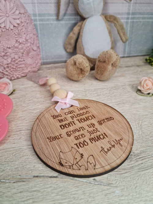 Baby pushchair sign - keep unwanted hands off your baby - pram - buggy - carrier - plaque - clips on - baby shower gift? present? new baby?