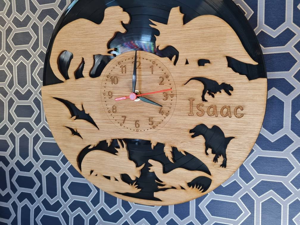 personalised Dinosaur Clock - add your own words - T Rex - Dino - Jurassic - great gift - playroom - made with re purposed records - quartz