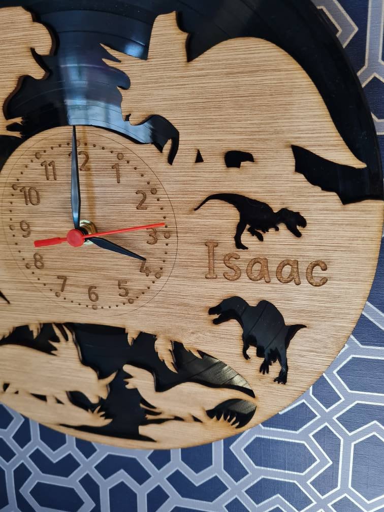 personalised Dinosaur Clock - add your own words - T Rex - Dino - Jurassic - great gift - playroom - made with re purposed records - quartz