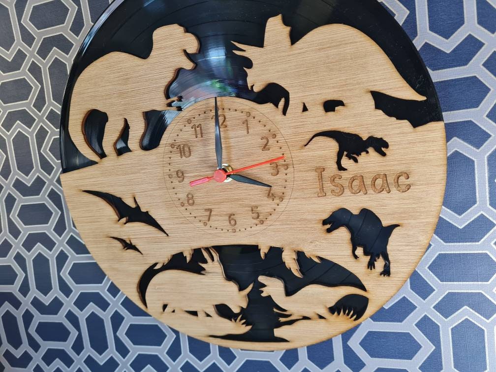personalised Dinosaur Clock - add your own words - T Rex - Dino - Jurassic - great gift - playroom - made with re purposed records - quartz