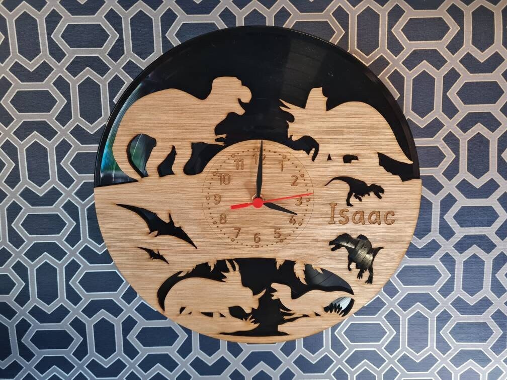 personalised Dinosaur Clock - add your own words - T Rex - Dino - Jurassic - great gift - playroom - made with re purposed records - quartz