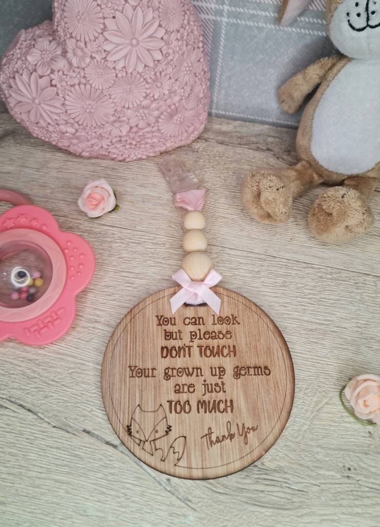 Baby pushchair sign - keep unwanted hands off your baby - pram - buggy - carrier - plaque - clips on - baby shower gift? present? new baby?