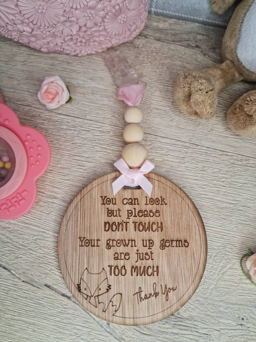 Baby pushchair sign - keep unwanted hands off your baby - pram - buggy - carrier - plaque - clips on - baby shower gift? present? new baby?