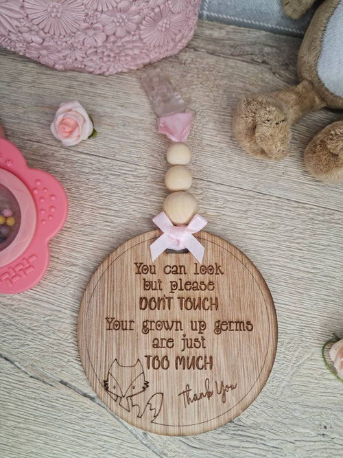 Baby pushchair sign - keep unwanted hands off your baby - pram - buggy - carrier - plaque - clips on - baby shower gift? present? new baby?
