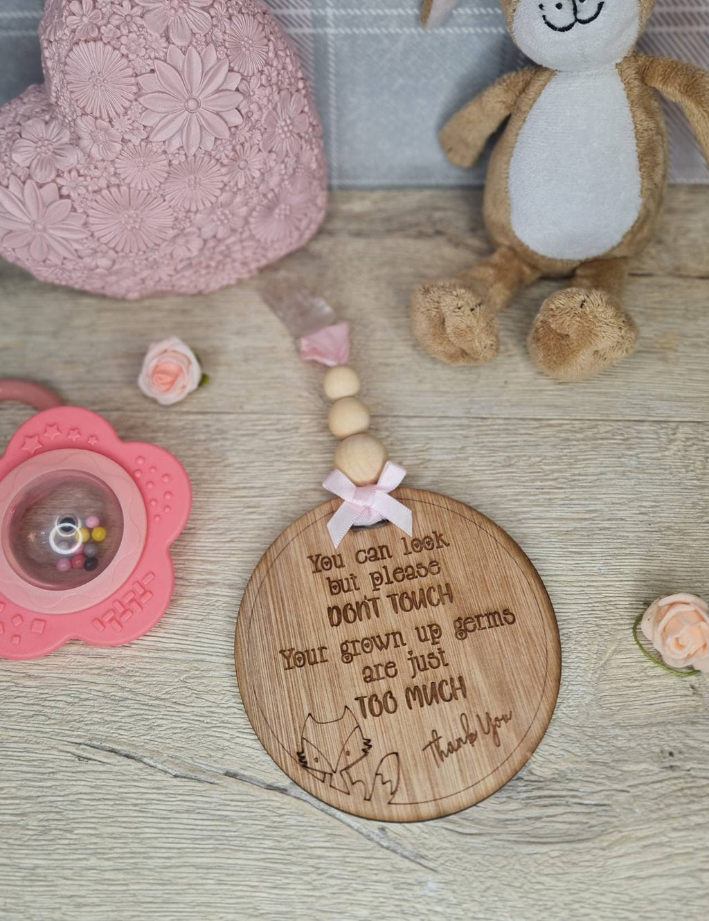 Baby pushchair sign - keep unwanted hands off your baby - pram - buggy - carrier - plaque - clips on - baby shower gift? present? new baby?