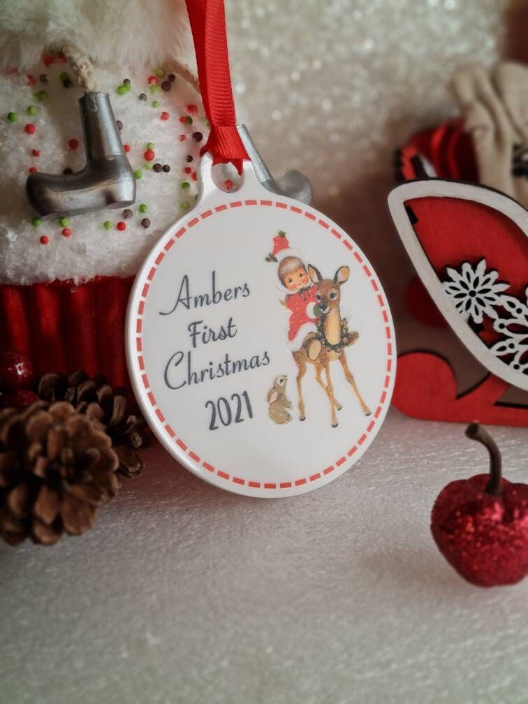 Personalised First Christmas bauble - beautiful gift for Girl or Boy - xmas - tree - Vintage - Retro - decor - home - sentimental - keepsake