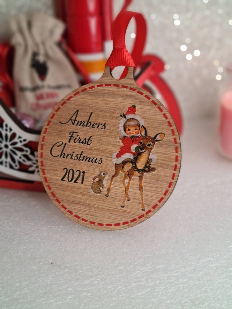 Personalised First Christmas bauble - beautiful gift for Girl or Boy - xmas - tree - Vintage - Retro - decor - home - sentimental - keepsake