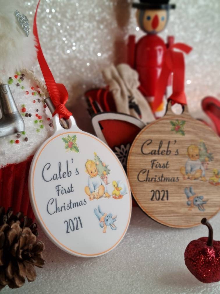 Personalised First Christmas bauble - beautiful gift for Girl or Boy - xmas - gift - tree - Vintage - Retro - decor - sentimental - keepsake