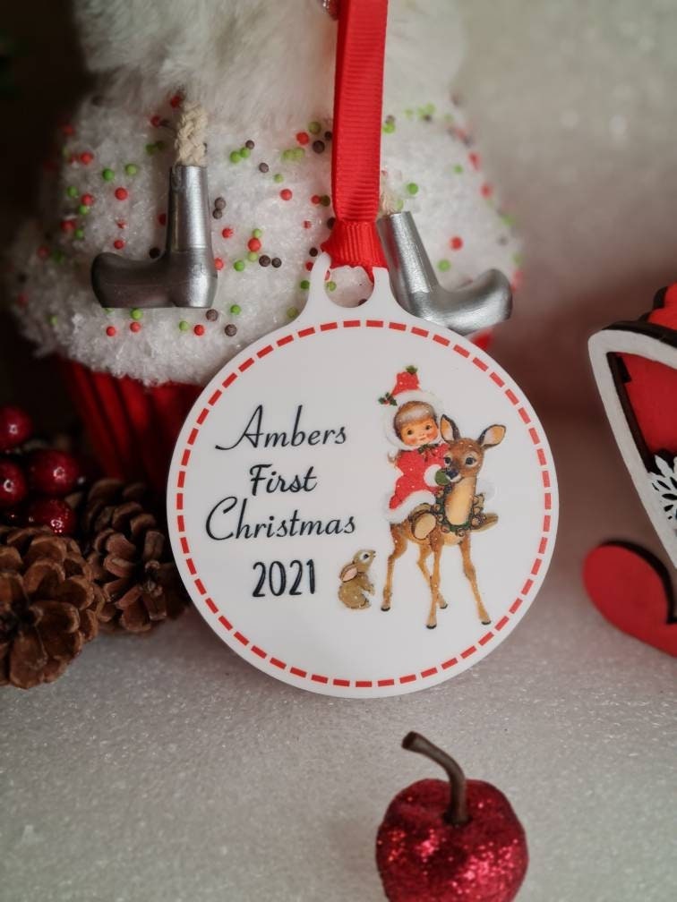 Personalised First Christmas bauble - beautiful gift for Girl or Boy - xmas - tree - Vintage - Retro - decor - home - sentimental - keepsake
