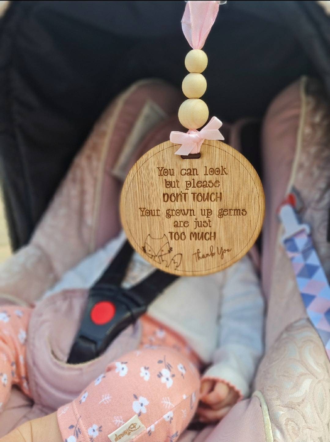 Baby pushchair sign - keep unwanted hands off your baby - pram - buggy - carrier - plaque - clips on - baby shower gift? present? new baby?
