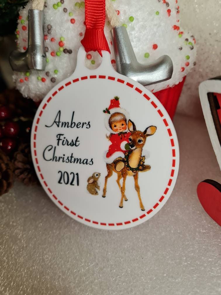 Personalised First Christmas bauble - beautiful gift for Girl or Boy - xmas - tree - Vintage - Retro - decor - home - sentimental - keepsake