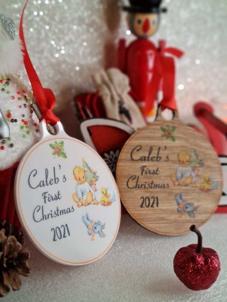 Personalised First Christmas bauble - beautiful gift for Girl or Boy - xmas - gift - tree - Vintage - Retro - decor - sentimental - keepsake