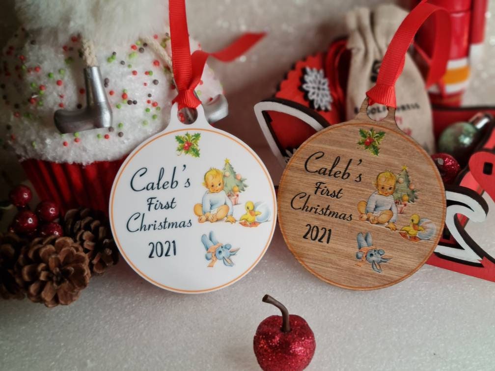 Personalised First Christmas bauble - beautiful gift for Girl or Boy - xmas - gift - tree - Vintage - Retro - decor - sentimental - keepsake