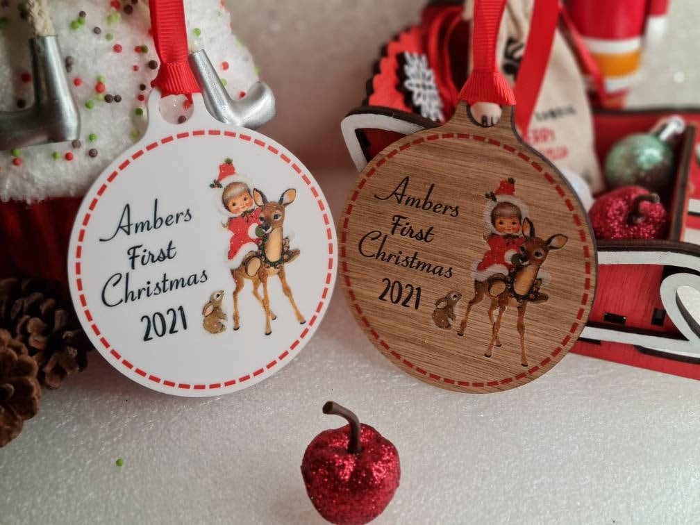 Personalised First Christmas bauble - beautiful gift for Girl or Boy - xmas - tree - Vintage - Retro - decor - home - sentimental - keepsake