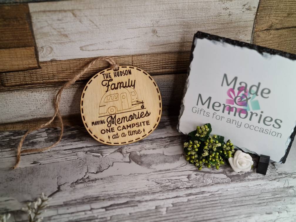 Personalised hanging bauble ornament - Caravan - Camping - Motorhome - RV - Holidays - Family - Love - Memories - Forever