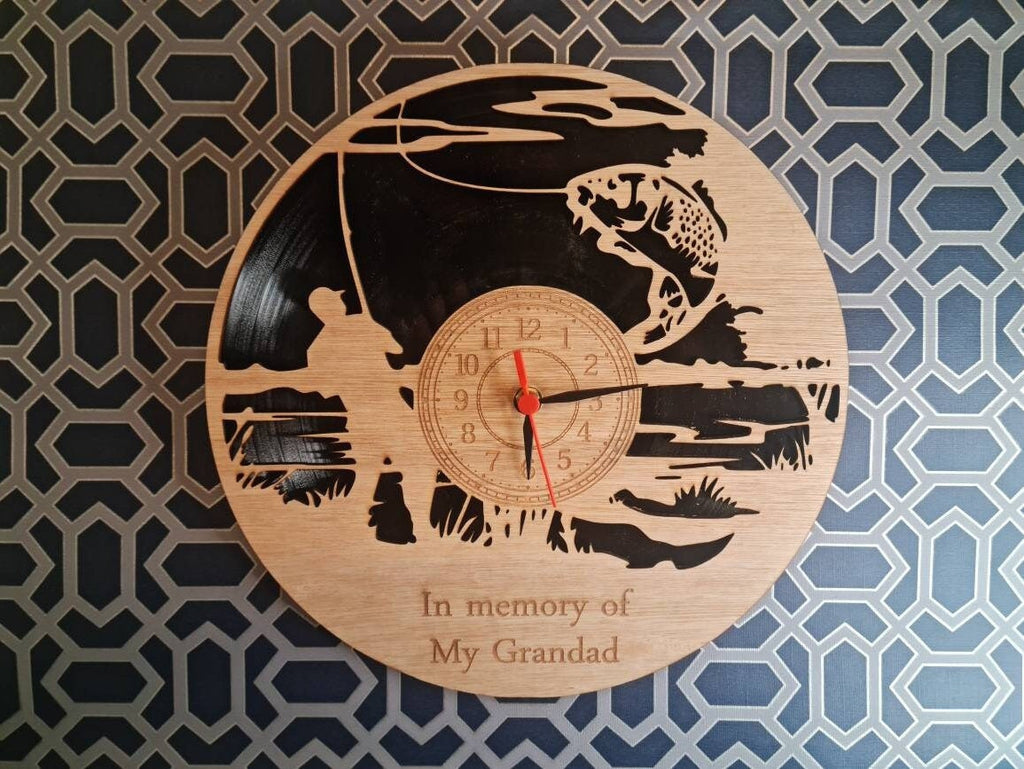 personalised Fishing Fisherman Clock - add your own words - Fly - Memorial - Carp - great gift - made with re purposed records - quartz