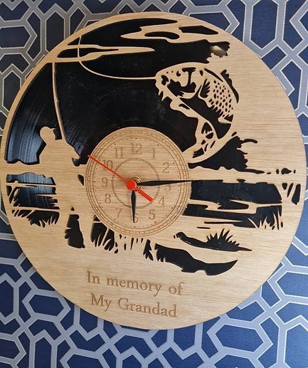 personalised Fishing Fisherman Clock - add your own words - Fly - Memorial - Carp - great gift - made with re purposed records - quartz