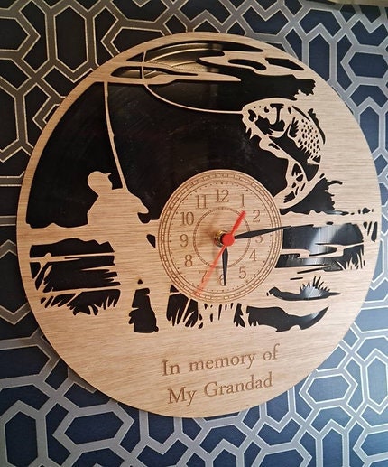 personalised Fishing Fisherman Clock - add your own words - Fly - Memorial - Carp - great gift - made with re purposed records - quartz