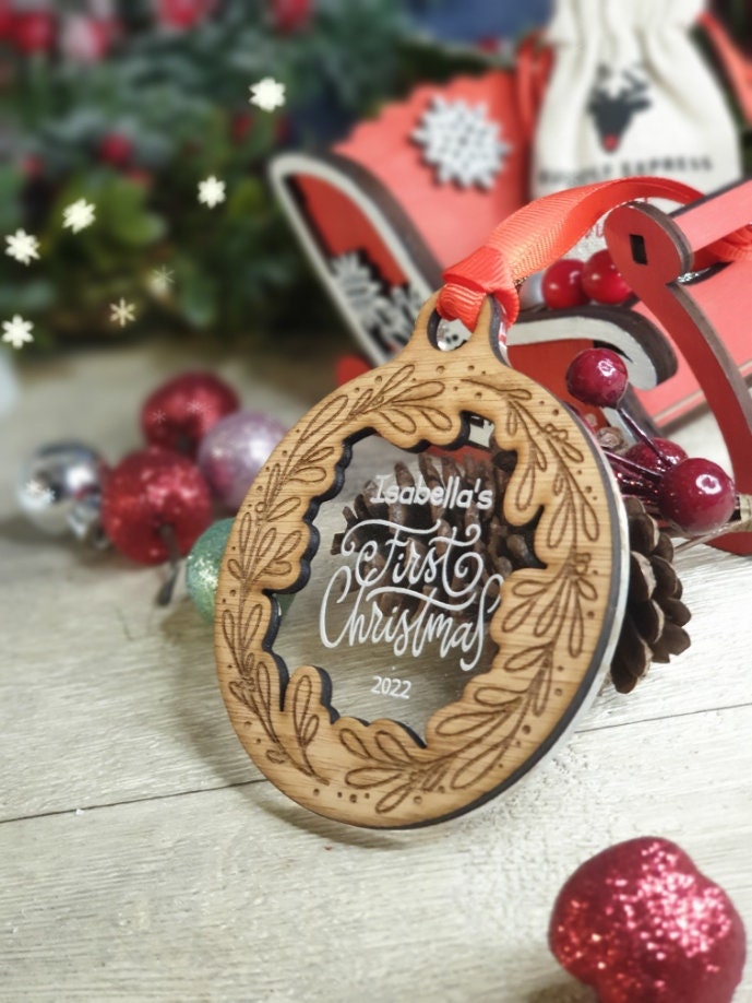 Personalised First Christmas name bauble - New Baby - Beautiful xmas decoration - wreath - santa - decor - father christmas - st nick - gift
