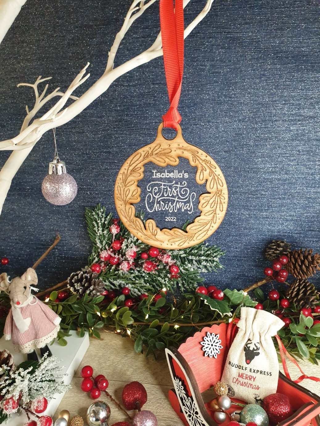 Personalised First Christmas name bauble - New Baby - Beautiful xmas decoration - wreath - santa - decor - father christmas - st nick - gift