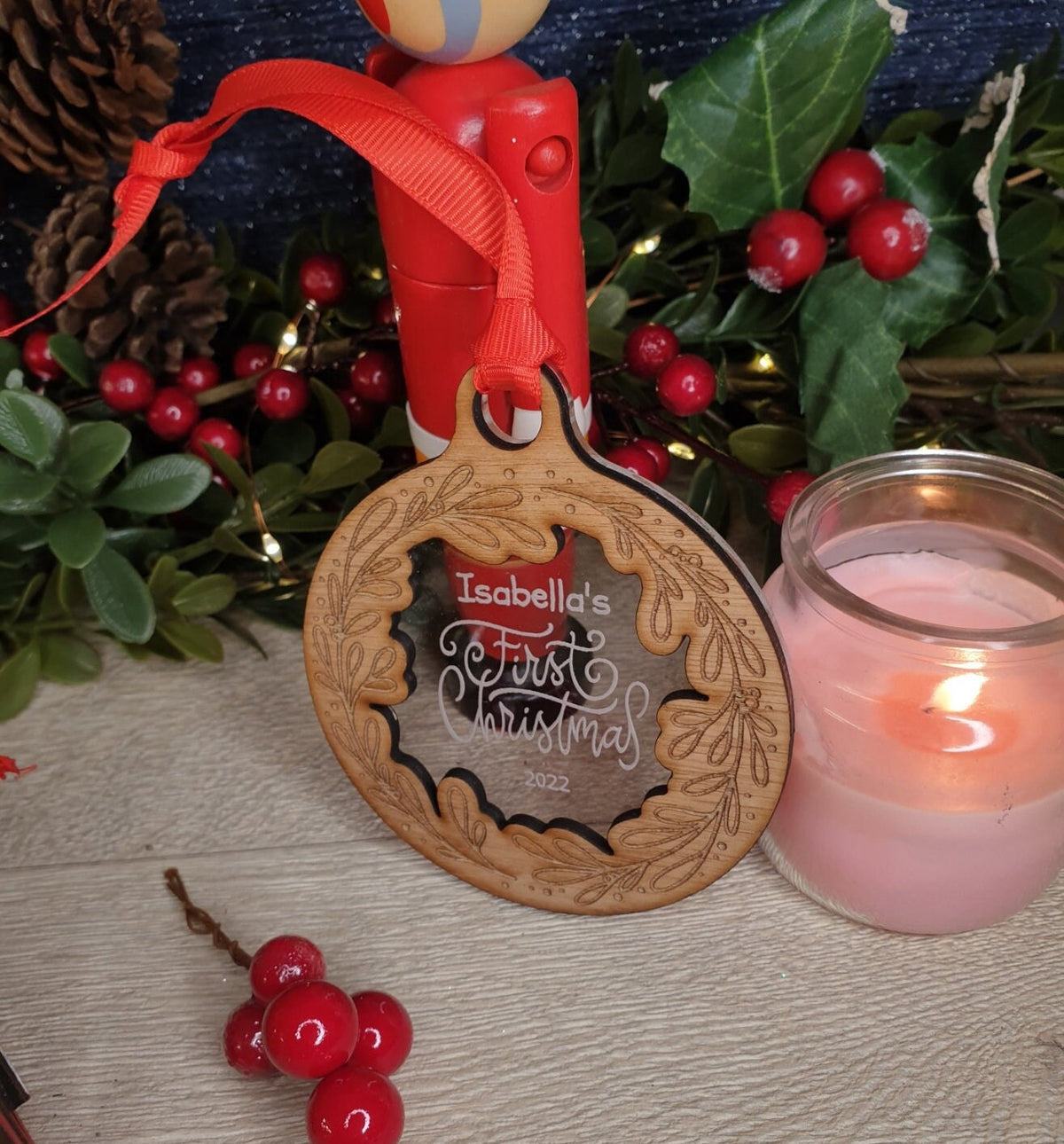 Personalised First Christmas name bauble - New Baby - Beautiful xmas decoration - wreath - santa - decor - father christmas - st nick - gift