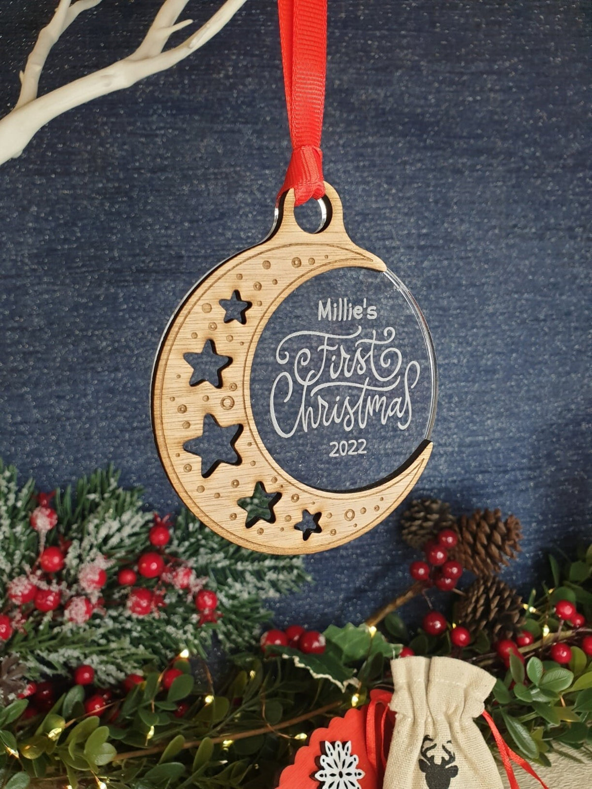 Personalised First Christmas name bauble - New Baby - Beautiful xmas decoration - Moon - santa - decor - father christmas - st nick - gift